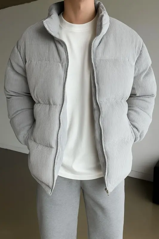 Kalın Fitilli Kadife Şişme Mont-GRİ - İLKCET MODA