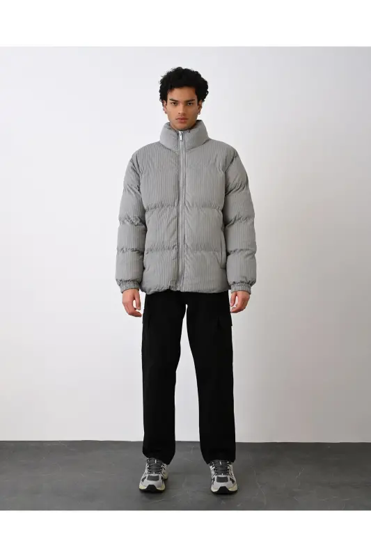 Kalın Fitilli Kadife Şişme Mont-GRİ - 4