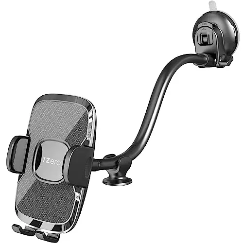 1Zero Solid Car Truck Phone Mount Holder with Thick Gooseneck Long Arm, Windshield Window Mobile Holders w/Industrial-Strength Suction Cup, Anti-Shake Stabilizer Compatible All Cell Phones, Black - 1