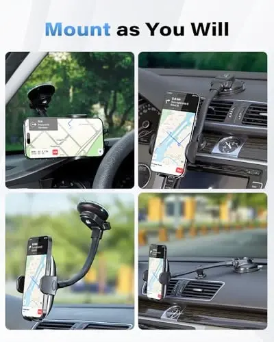 1Zero Solid Car Truck Phone Mount Holder with Thick Gooseneck Long Arm, Windshield Window Mobile Holders w/Industrial-Strength Suction Cup, Anti-Shake Stabilizer Compatible All Cell Phones, Black - 5