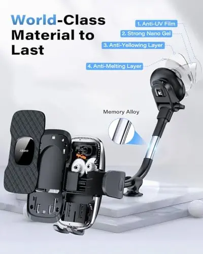 1Zero Solid Car Truck Phone Mount Holder with Thick Gooseneck Long Arm, Windshield Window Mobile Holders w/Industrial-Strength Suction Cup, Anti-Shake Stabilizer Compatible All Cell Phones, Black - 6