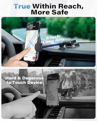 1Zero Solid Car Truck Phone Mount Holder with Thick Gooseneck Long Arm, Windshield Window Mobile Holders w/Industrial-Strength Suction Cup, Anti-Shake Stabilizer Compatible All Cell Phones, Black - 2