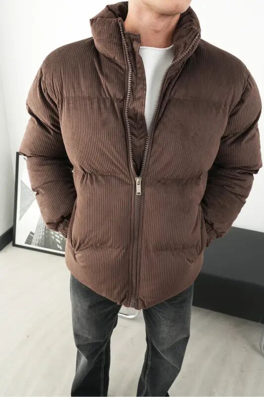 Kalın Kahve Fitilli Kadife Şişme Mont - KAHVE - İLKCET MODA
