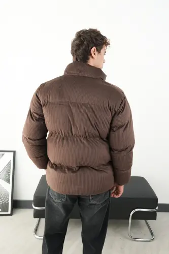 Kalın Kahve Fitilli Kadife Şişme Mont - KAHVE - İLKCET MODA (1)