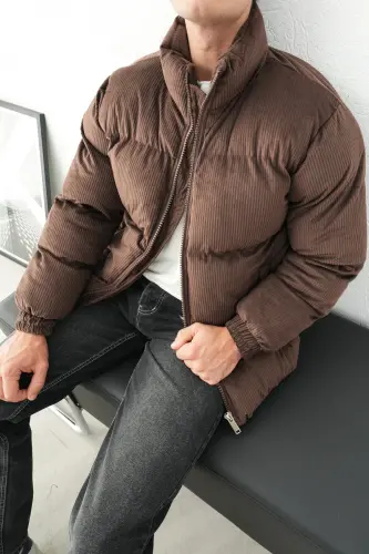 Kalın Kahve Fitilli Kadife Şişme Mont - KAHVE - 4