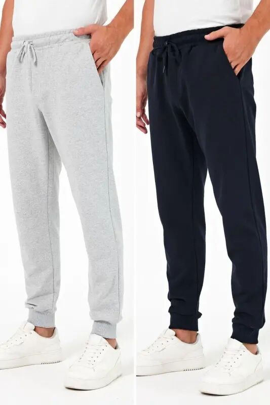 Kalın Siyah-Antrasit Erkek 2'li Eşofman Altı Jogger Arka Cepli Paça Lastikli Regular Fit Şardonsuz - Gri-Lacivert - mmetalic