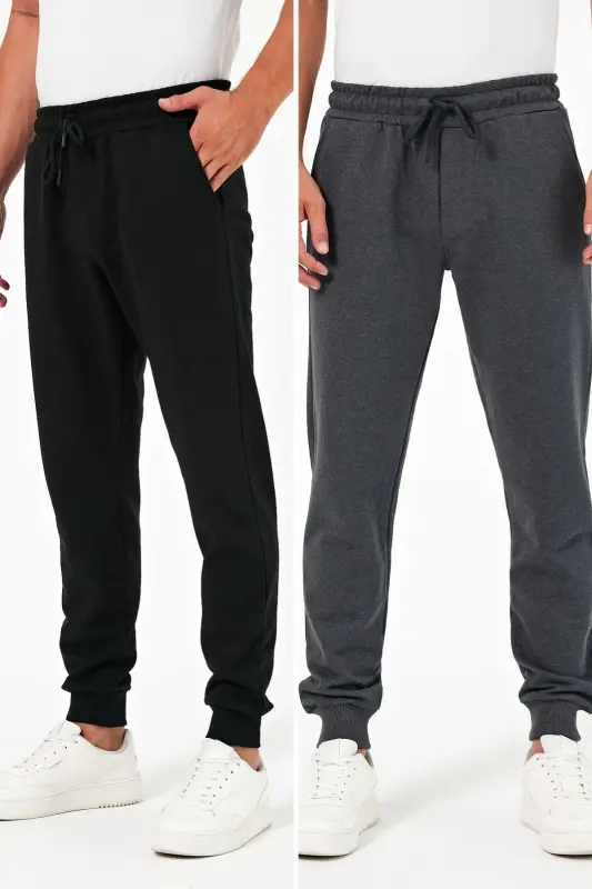 Kalın Siyah-Antrasit Erkek 2'li Eşofman Altı Jogger Arka Cepli Paça Lastikli Regular Fit Şardonsuz - Siyah-Antrasit - 1
