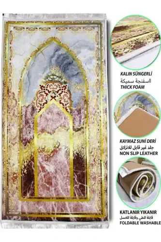 Kalın Süngerli Yumuşak Mermer Desenli Seccade Yıkanabilir Çeyizlik Hediyelik Namazlık Katlanabilir-GOLD KIZIL - 1