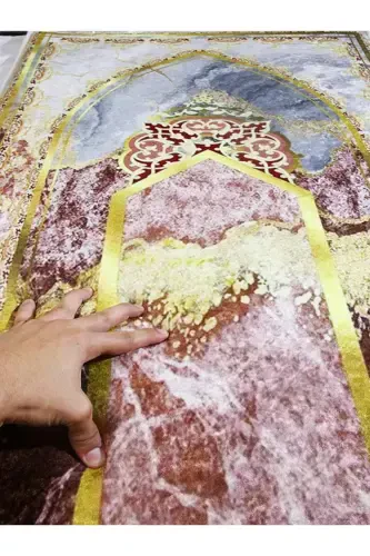 Kalın Süngerli Yumuşak Mermer Desenli Seccade Yıkanabilir Çeyizlik Hediyelik Namazlık Katlanabilir-GOLD KIZIL - 3