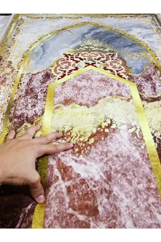 Kalın Süngerli Yumuşak Mermer Desenli Seccade Yıkanabilir Çeyizlik Hediyelik Namazlık Katlanabilir-GOLD KIZIL - 3