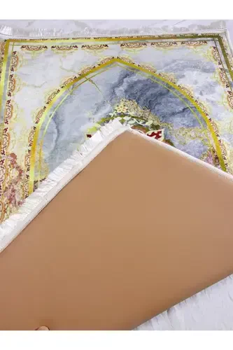 Kalın Süngerli Yumuşak Mermer Desenli Seccade Yıkanabilir Çeyizlik Hediyelik Namazlık Katlanabilir-GOLD KIZIL - 4