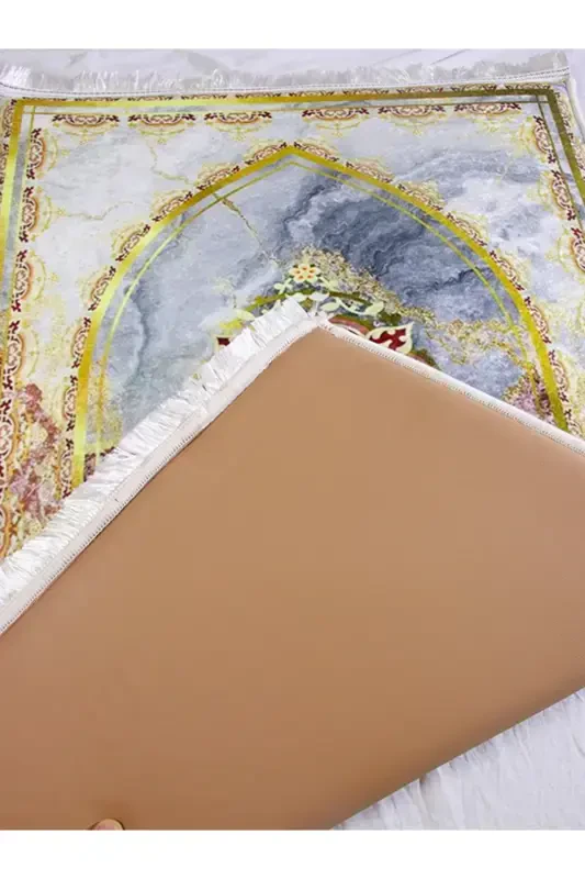 Kalın Süngerli Yumuşak Mermer Desenli Seccade Yıkanabilir Çeyizlik Hediyelik Namazlık Katlanabilir-GOLD KIZIL - 4