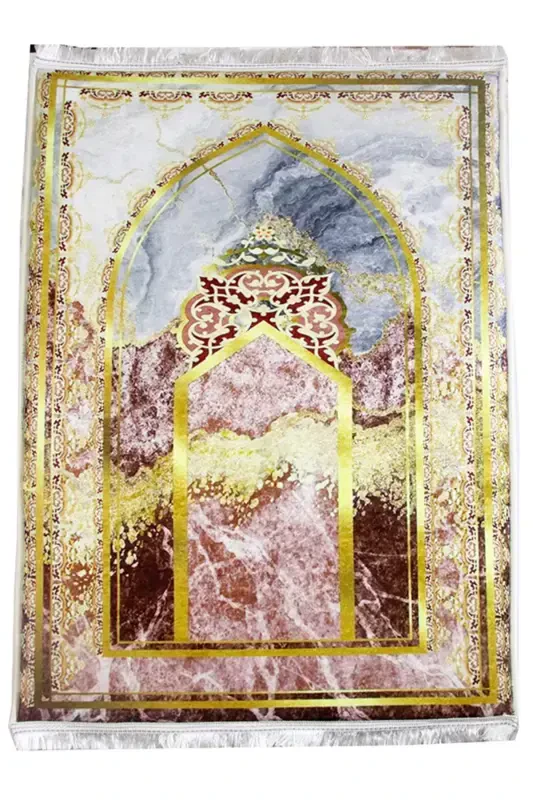 Kalın Süngerli Yumuşak Mermer Desenli Seccade Yıkanabilir Çeyizlik Hediyelik Namazlık Katlanabilir-GOLD KIZIL - 5