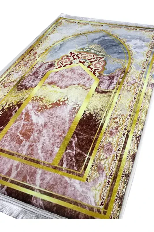 Kalın Süngerli Yumuşak Mermer Desenli Seccade Yıkanabilir Çeyizlik Hediyelik Namazlık Katlanabilir-GOLD KIZIL - 6