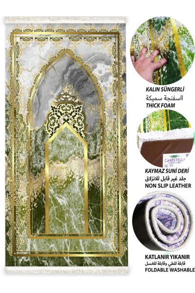3cm Kalın Süngerli Yumuşak Seccade Diz Ağrıtmaz Çeyizlik Hediyelik Namazlık Yeşil Mermer-GOLD YEŞİL MERMER - CARPETELLA