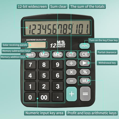 Калькулятор M&G Desk Calculator с 12-значным дисплеем, двойным солнечным питанием и аккумулятором, утопленными большими кнопками для офиса, дома, школы (черный) - 3