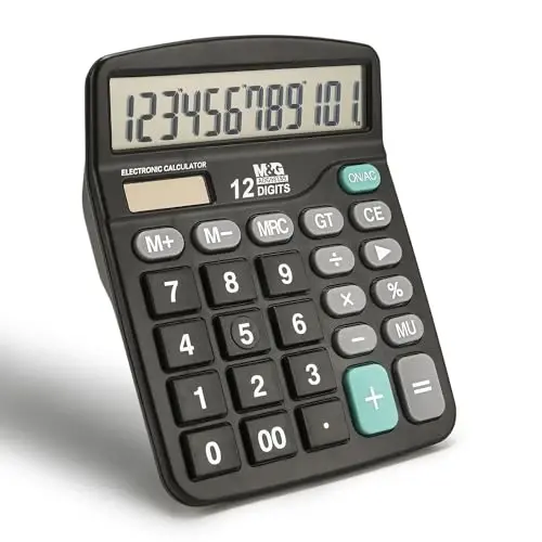 Калькулятор M&G Desk Calculator с 12-значным дисплеем, двойным солнечным питанием и аккумулятором, утопленными большими кнопками для офиса, дома, школы (черный) - M&G