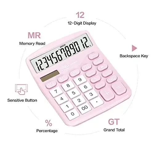 Калькулятор, настольные калькуляторы Deli Standard Function с 12-разрядным большим ЖК-дисплеем и чувствительной кнопкой, офисный калькулятор с двойным питанием от солнечной батареи, розовый - 6