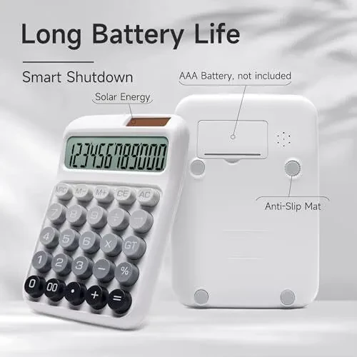 Калькулятор NGIFERA, 12 знаков, большой ЖК-дисплей, большие кнопки, настольные калькуляторы с двойным питанием от солнечной батареи и батарейки, симпатичный и эстетичный, подходит для офиса и учебы (серый омбре, M) - 3