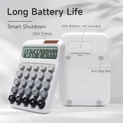 Калькулятор NGIFERA, 12 знаков, большой ЖК-дисплей, большие кнопки, настольные калькуляторы с двойным питанием от солнечной батареи и батарейки, симпатичный и эстетичный, подходит для офиса и учебы (серый омбре, M) - 3