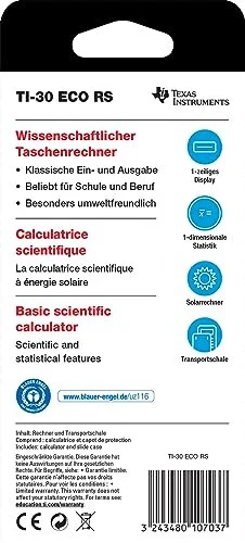 Калькулятор школьный Texas Instruments TI-30 ECO RS FC (Однострочный 10-значный дисплей, питание от солнца) Черный - 5