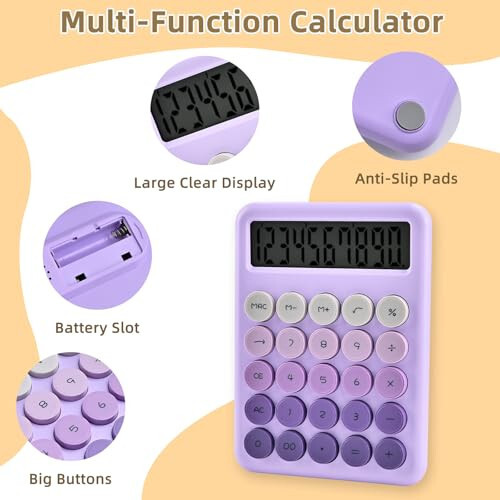 Калькулятор Valtiner Calculators для рабочего стола, 12-разрядный базовый калькулятор с большими кнопками, чувствительный калькулятор для рабочего стола с градиентом, большой ЖК-дисплей, офисные принадлежности (фиолетовый) - 5