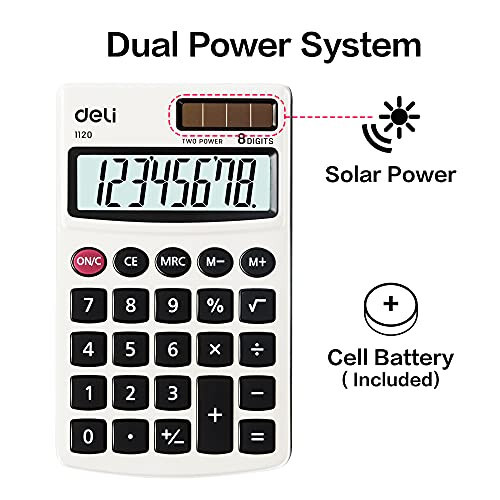 Kalkulyator, Deli Standard Function Basic Calculators, Solar Battery Dual Power Office Calculator with Cover, Metal Panel - 6