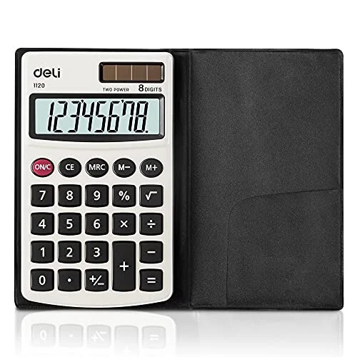 Kalkulyator, Deli Standard Function Basic Calculators, Solar Battery Dual Power Office Calculator with Cover, Metal Panel - deli