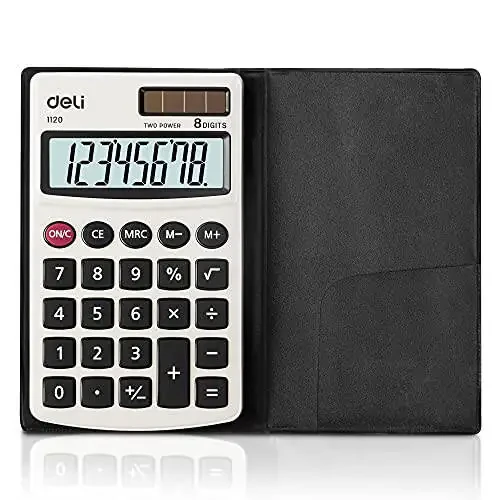 Kalkulyator, Deli Standard Function Basic Calculators, Solar Battery Dual Power Office Calculator with Cover, Metal Panel - 1