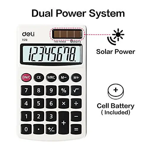 Kalkulyator, Deli Standard Function Basic Calculators, Solar Battery Dual Power Office Calculator with Cover, Metal Panel - 6