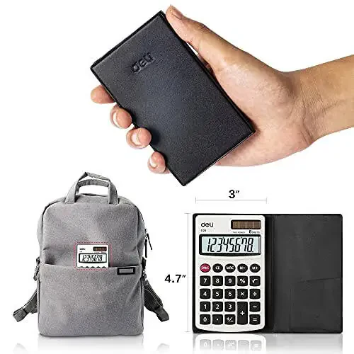 Kalkulyator, Deli Standard Function Basic Calculators, Solar Battery Dual Power Office Calculator with Cover, Metal Panel - 7