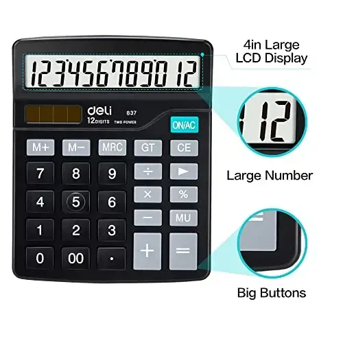 Kalkulyator, Deli Standart Funktsiyali Stol Kalkulyatorlari 12 Xonali Katta LCD Displey va Sezgir Tugma, Quyosh Batareyasi Ikkilik Quvvat Ofis Kalkulyatori, Qora - 3