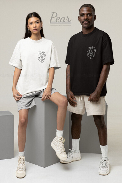 Kalp Baskılı 2'li Tişört Sevgili Unisex Çift Oversize T-shirt-Kalp 