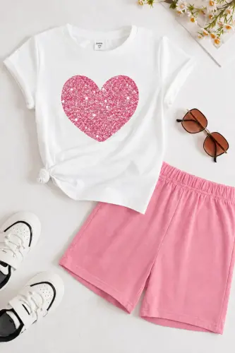 Kalp Baskılı Pamuk Çocuk Pembe Şort Beyaz T-shirt Takım - Kız Erkek Çocuk Yazlık Bisiklet Yaka - BEYAZ TİŞÖRT - PEMBE ŞORT - 1
