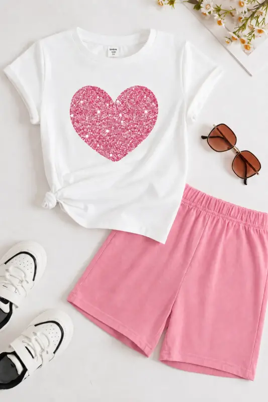 Kalp Baskılı Pamuk Çocuk Pembe Şort Beyaz T-shirt Takım - Kız Erkek Çocuk Yazlık Bisiklet Yaka - BEYAZ TİŞÖRT - PEMBE ŞORT - 1