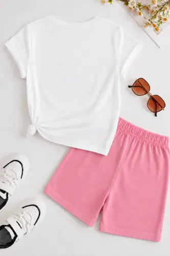 Kalp Baskılı Pamuk Çocuk Pembe Şort Beyaz T-shirt Takım - Kız Erkek Çocuk Yazlık Bisiklet Yaka - BEYAZ TİŞÖRT - PEMBE ŞORT - DUBU BUTİK (1)
