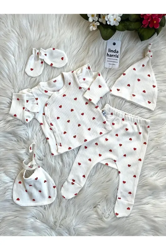 Heart Pattern 5’li Yenidoğan Kız Bebek Hastane Çıkışı Seti - Ekru - 1
