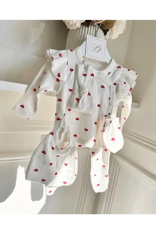 Heart Pattern 5’li Yenidoğan Kız Bebek Hastane Çıkışı Seti - Ekru - 2