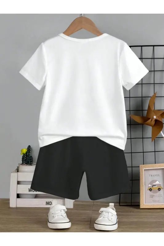 Kalp Pamuk Çocuk Takım - Beyaz T-shirt Siyah Şort Baskılı Kız Erkek Çocuk Yazlık Bisiklet Yaka - Siyah - 3