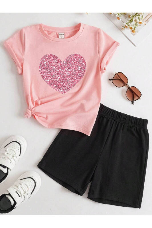 Kalp Baskılı Pamuk Çocuk Siyah Şort Pembe T-shirt Takım - Kız Erkek Çocuk Yazlık Bisiklet Yaka - Pembe Siyah - 1