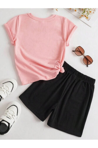 Kalp Baskılı Pamuk Çocuk Siyah Şort Pembe T-shirt Takım - Kız Erkek Çocuk Yazlık Bisiklet Yaka-Pembe Siyah - DUBU BUTİK (1)