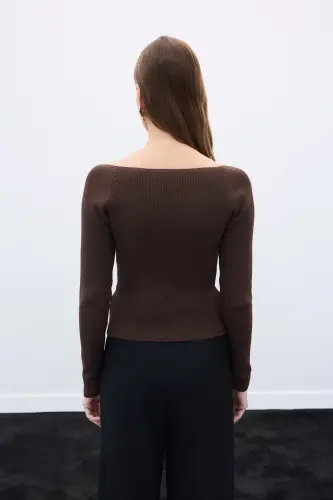 Kalp Yaka Triko Bluz - Kahve - KAHVE - 5