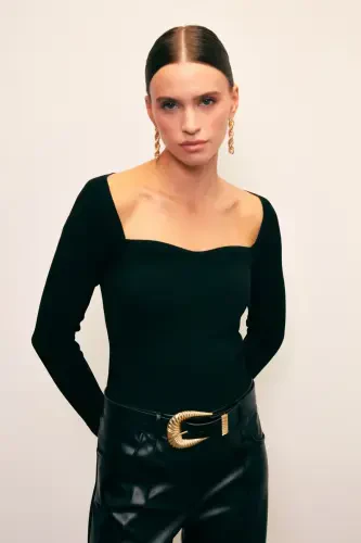 Kalp Yaka Triko Bluz - Siyah-SİYAH - 3