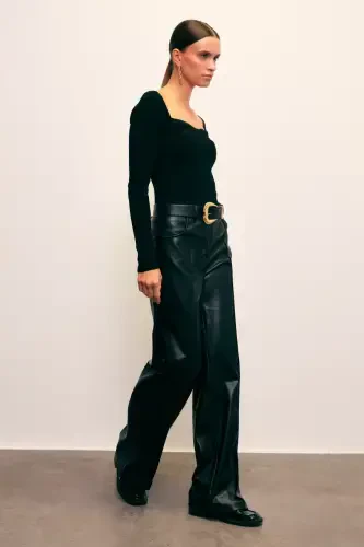 Kalp Yaka Triko Bluz - Siyah-SİYAH - 6