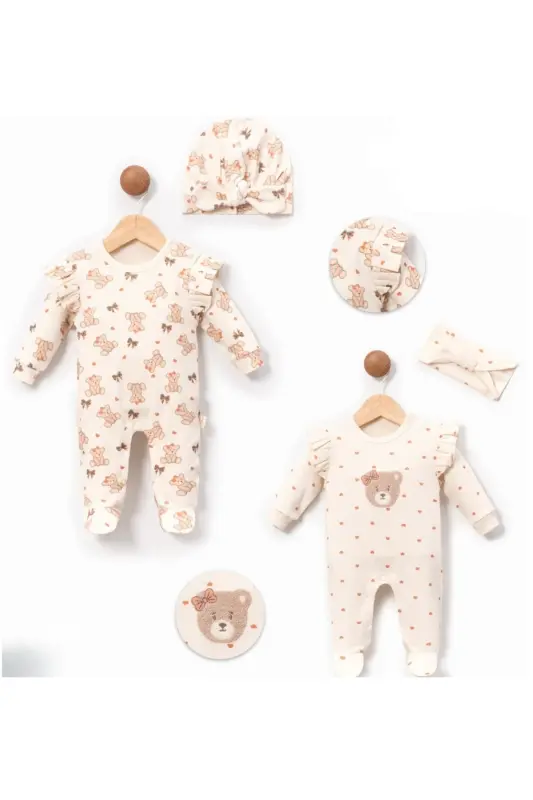 Kalpli Ayıcık Baskılı Bebek İkili Tulum Set-Tarçın - 3