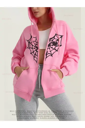 Kalplİ Örümcek Ağ Baskılı Sweatshirt Fermuarlı Hırka - Pembe 3 iplik Oversize Cepli Bol Kapüşonlu-Pembe 