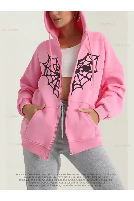 Kalplİ Örümcek Ağ Baskılı Sweatshirt Fermuarlı Hırka - Pembe 3 iplik Oversize Cepli Bol Kapüşonlu - Pembe - 1