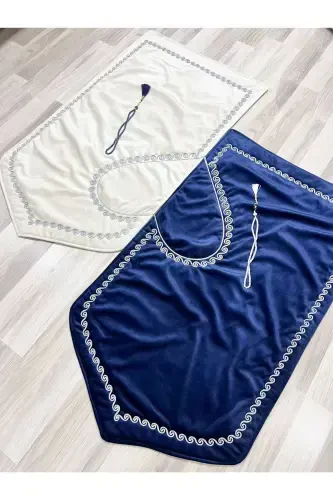 Kalpli Seccade Eşli Çift Seccade Tesbihli Gelin Damat Bohçası Hediyelik Çeyizlik-Lacivert*Krem - 6