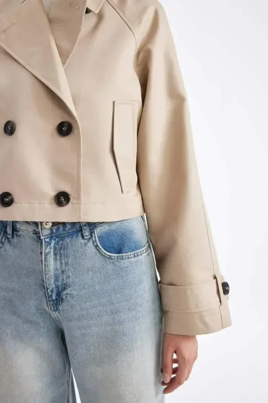 Kalta Qisqa Trenchcoat Naqsh Smokin Yoqasi Tugmali Paxtadan - 5