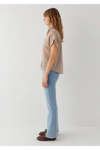 Kalta Yengli Yo'l-yo'l Jigarrang Ko'ylak Loose Fit / Erkin Qulay Bichim 1210445-85431 - Jigarrang - 5